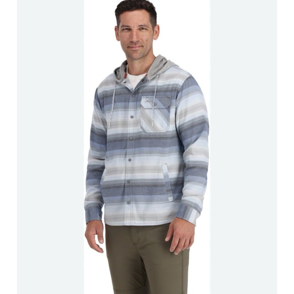 Simms Hoodie Shirt Mens Medium Blue Stripe Santee Flannel Snap Fishing XL